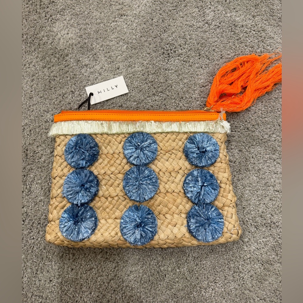 Milly Straw Clutch with Blue Pom Details and Orange Tassel